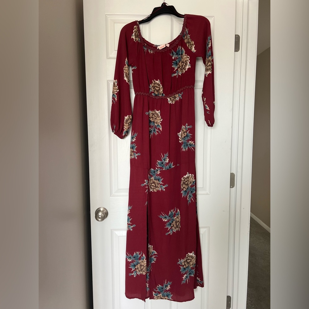 Showpo Burgundy Floral Long Sleeve Dress